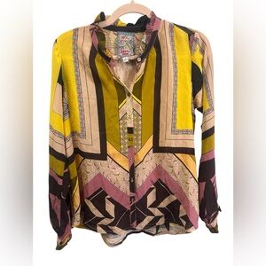 Johnny Was Silk Mixed Print Button Down Blouse XS | Boho Floral Patchwork Top